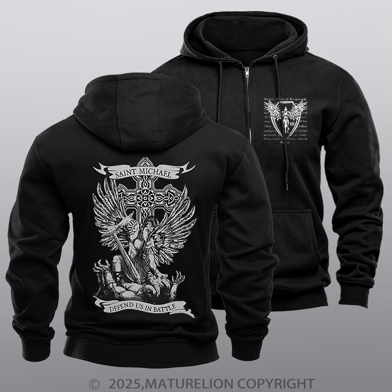 Maturelion Men's Hoodie Saint Michael Defend Us Fleece Zipper Hoodie