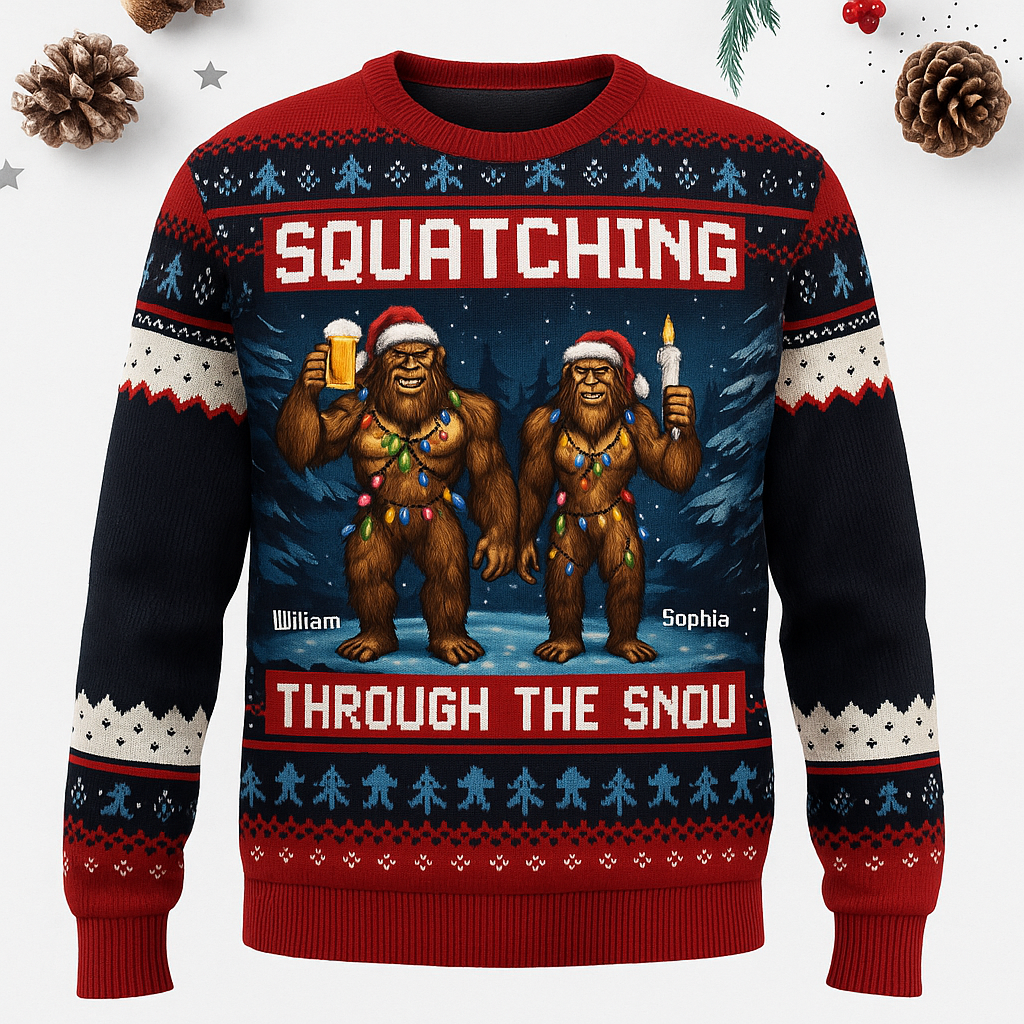 Maturelion Squatching Through The Snow Ugly Christmas Sweater
