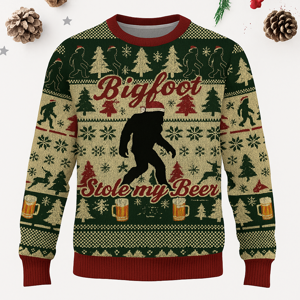 Maturelion Bigfoot Stole My Beer Christmas Ugly Sweater