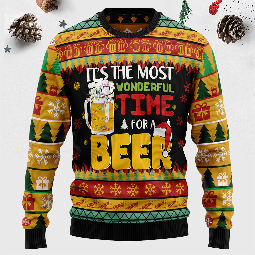 Maturelion It’s The Most Wonderfull Time For A Beer Funny Christmas Ugly Sweater