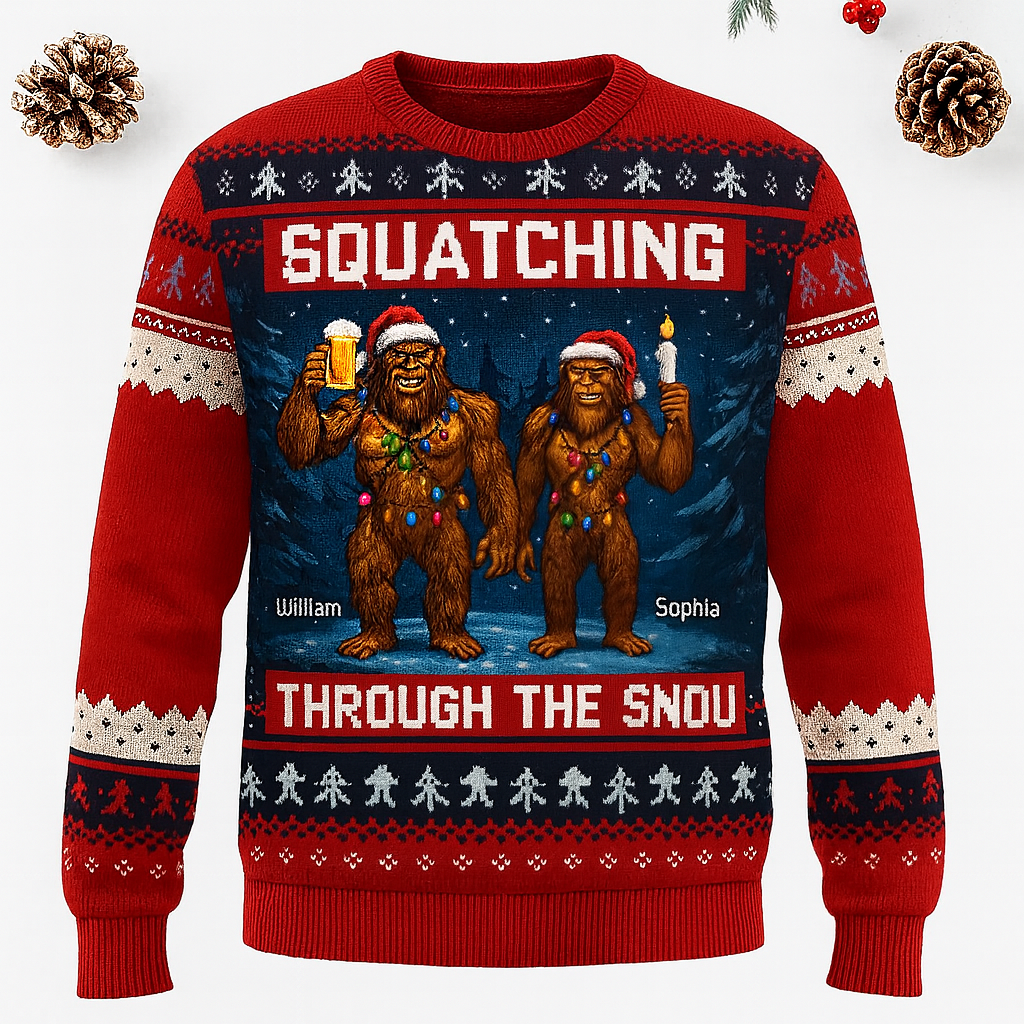 Maturelion Squatching Through The Snow Funny Christmas Ugly Sweater