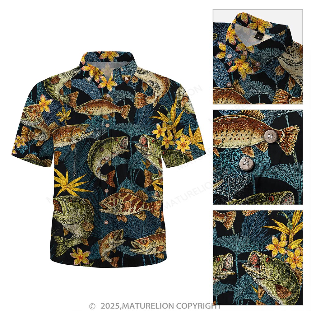 Maturelion Men's Hawaiian Shirt Black Tropical Fish Print Hawaiian Shirt