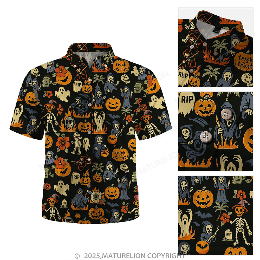 Maturelion Halloween Hawaiian Shirt Ghost & Pumpkin Print Hawaiian Shirt