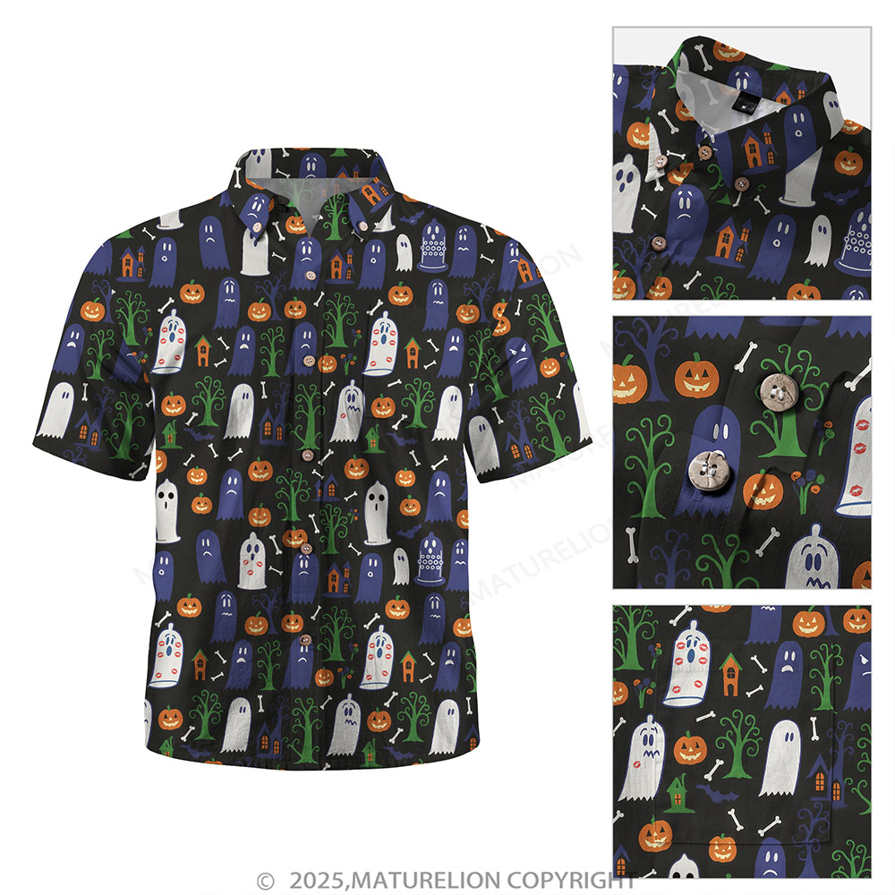 Maturelion Halloween Hawaiian Shirt Ghost & Pumpkin Print Hawaiian Shirt