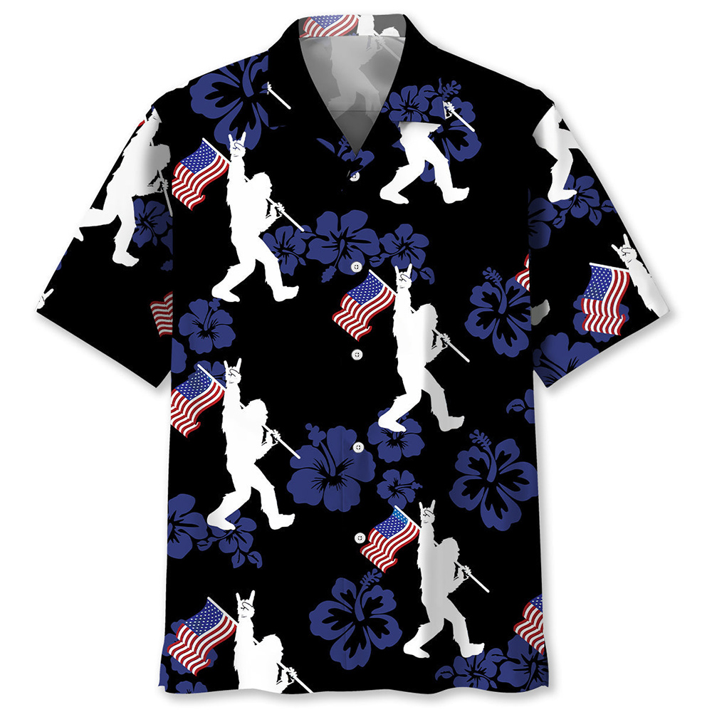 Maturelion Men's Hawaiian Shirt Patriotic Bigfoot Usa Flag Hawaiian Shirt