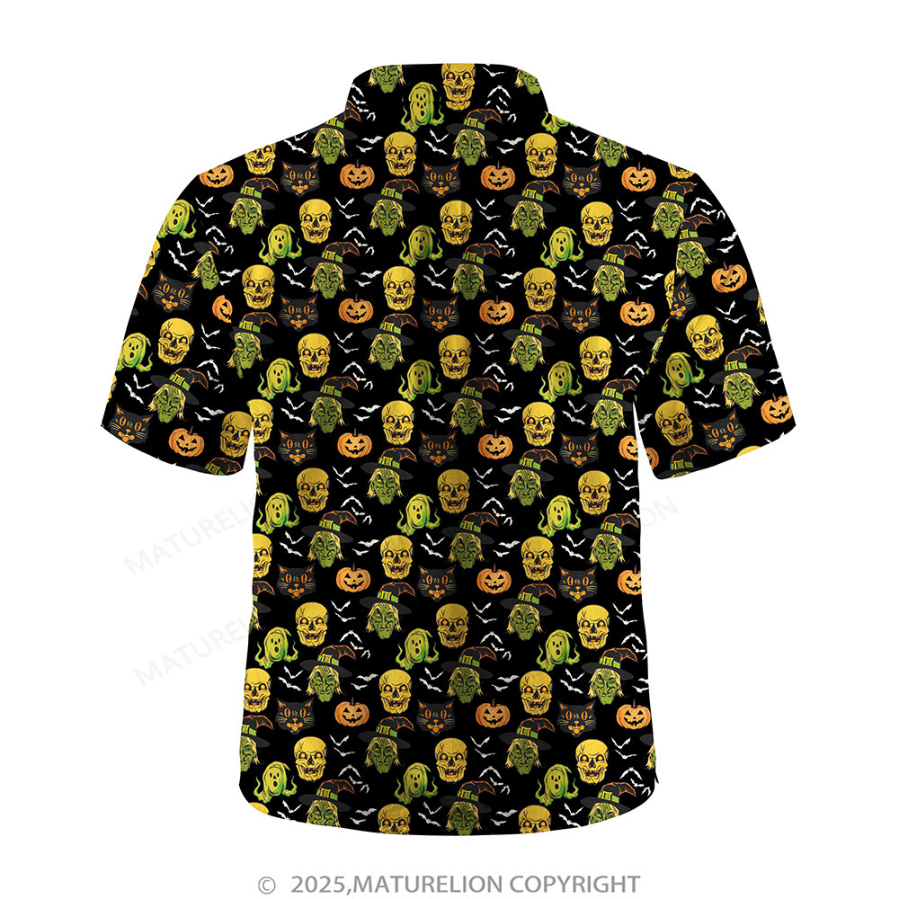 Maturelion Men's Hawaiian Shirt Pumpkin Skull and Witch Print Hawaiian Shirt