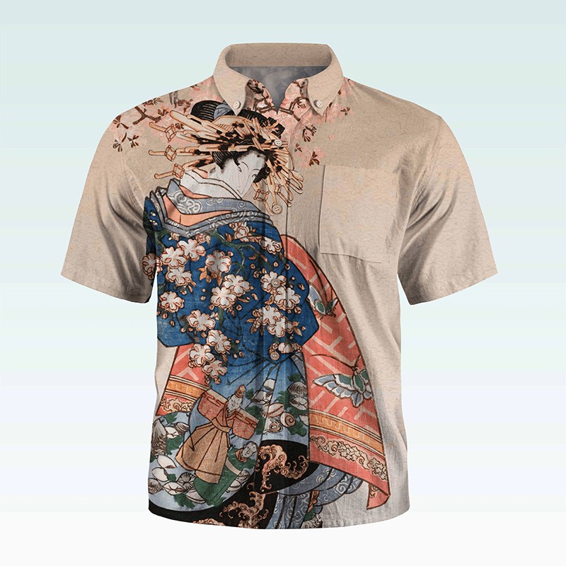 Maturelion Men's Button Pocket ShirtGintama Print Button Down Short Sleeve Shirt