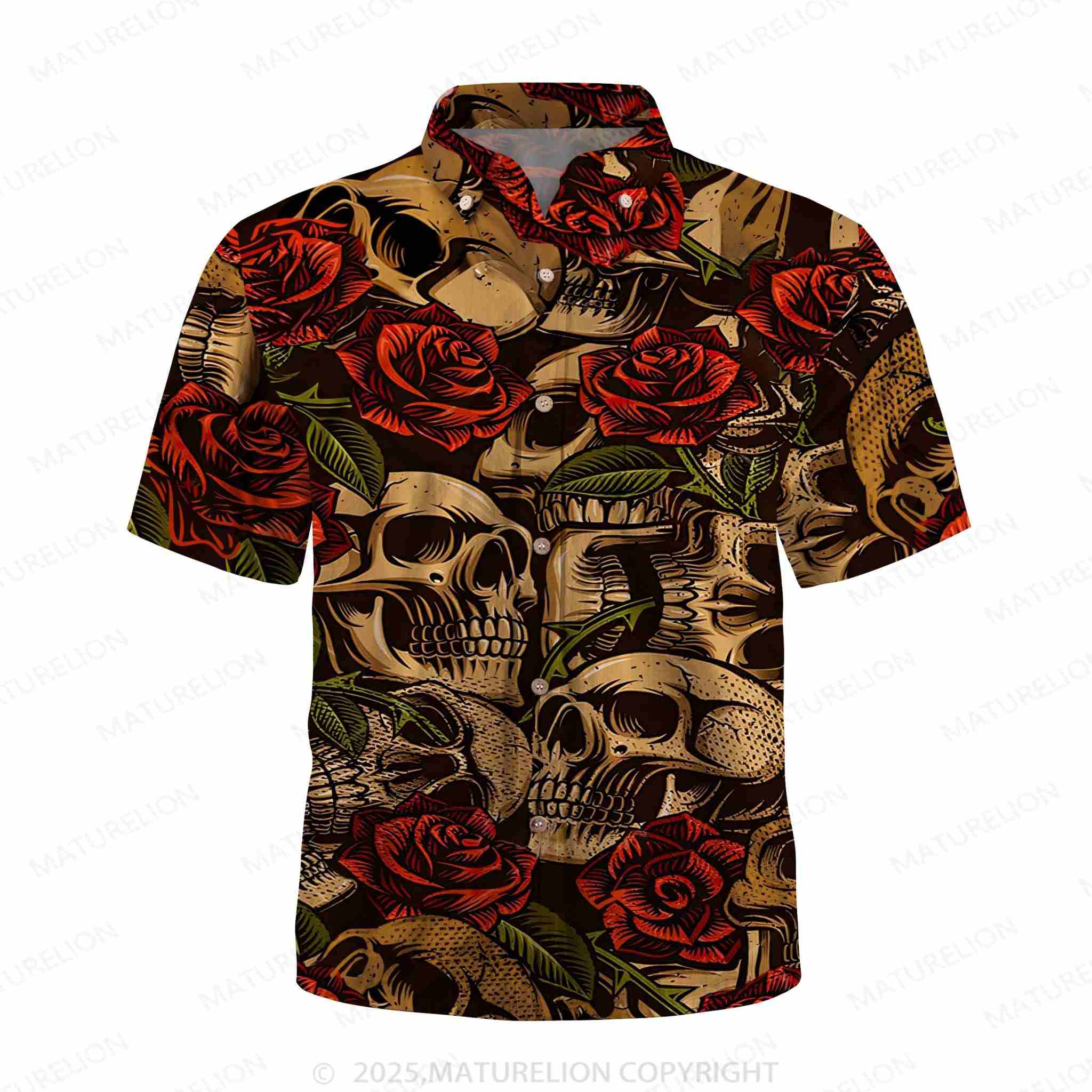 Maturelion Men's Youth Fashion Skull Rose Beach Casual Hawaiian Shirt