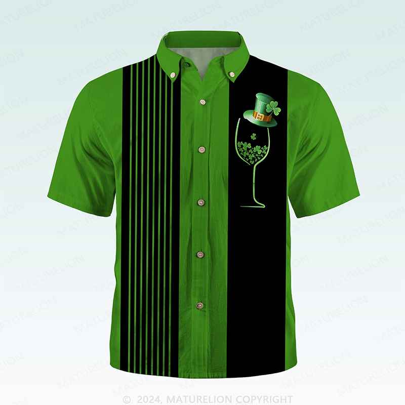 Maturelion St. Patrick's Button Pocket ShirtClassic 1950s Green Palm Print Hawaiian Shirt