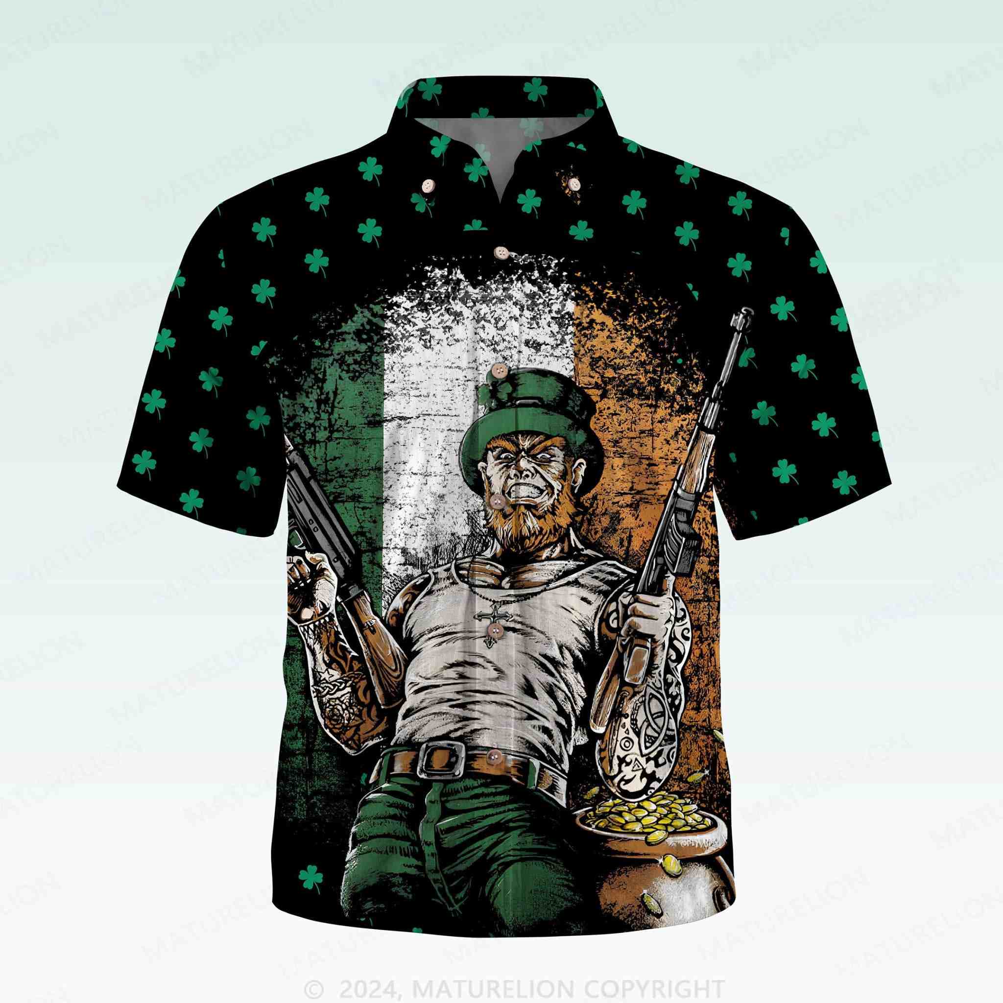 Maturelion St. Patrick's Button Pocket ShirtVintage Clover Getaway Hawaiian Shirt
