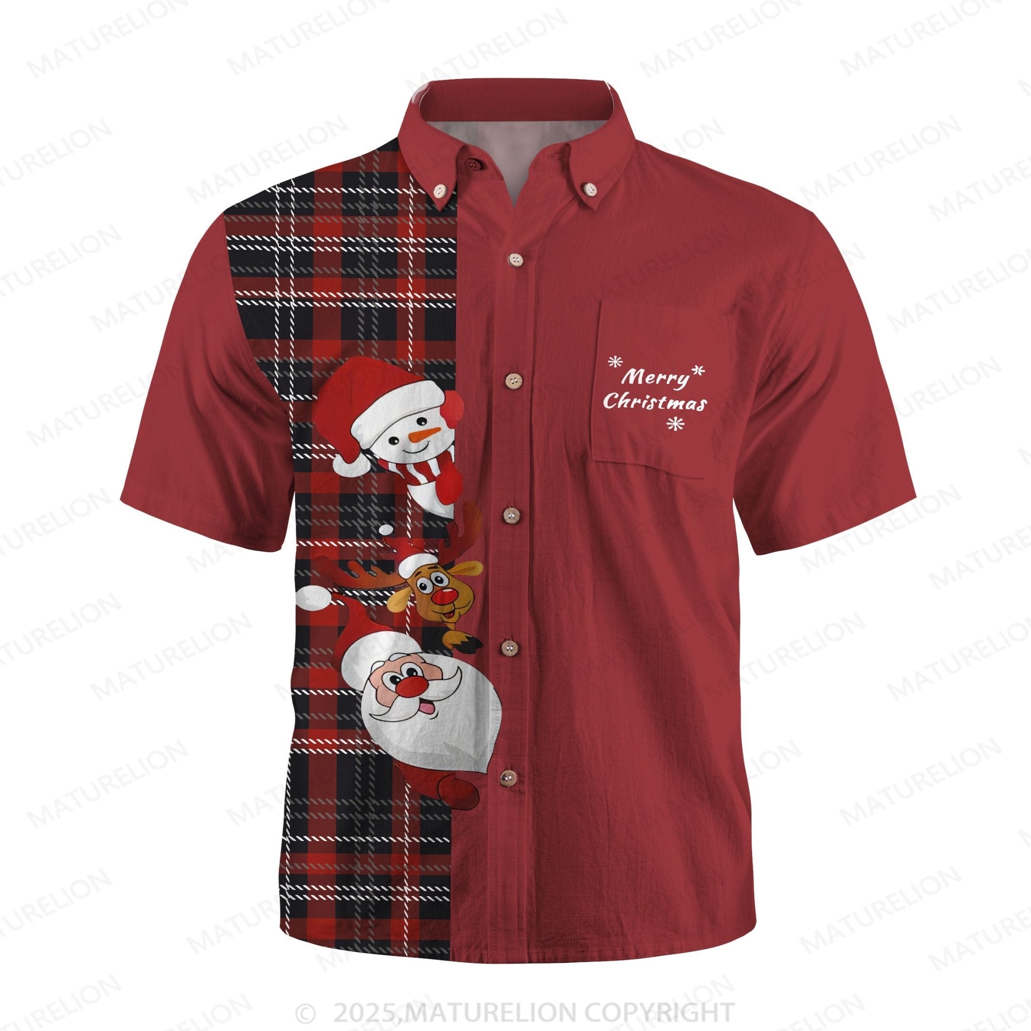 Christmas Santa Chest Pocket Reindeer And Snowman Casual Shirt Hawaiian Shirt