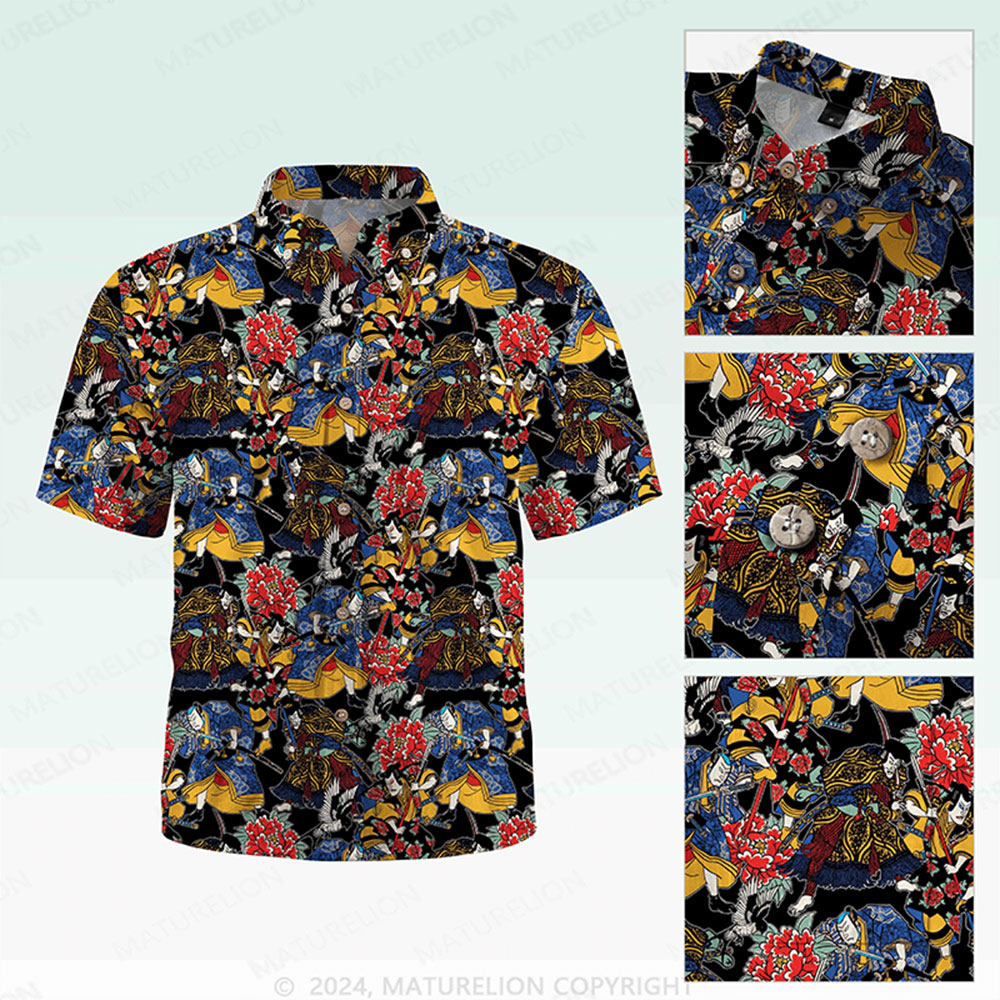 Maturelion Men's Button Pocket Shirt Koi Fish and Waves Cotton Hawaiian Shirt