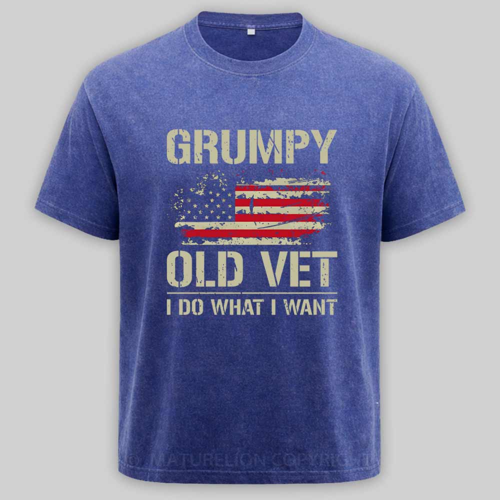 Maturelion Grumpy Old Vet I Do What I Want Retro Patriotic Washed T-shirt