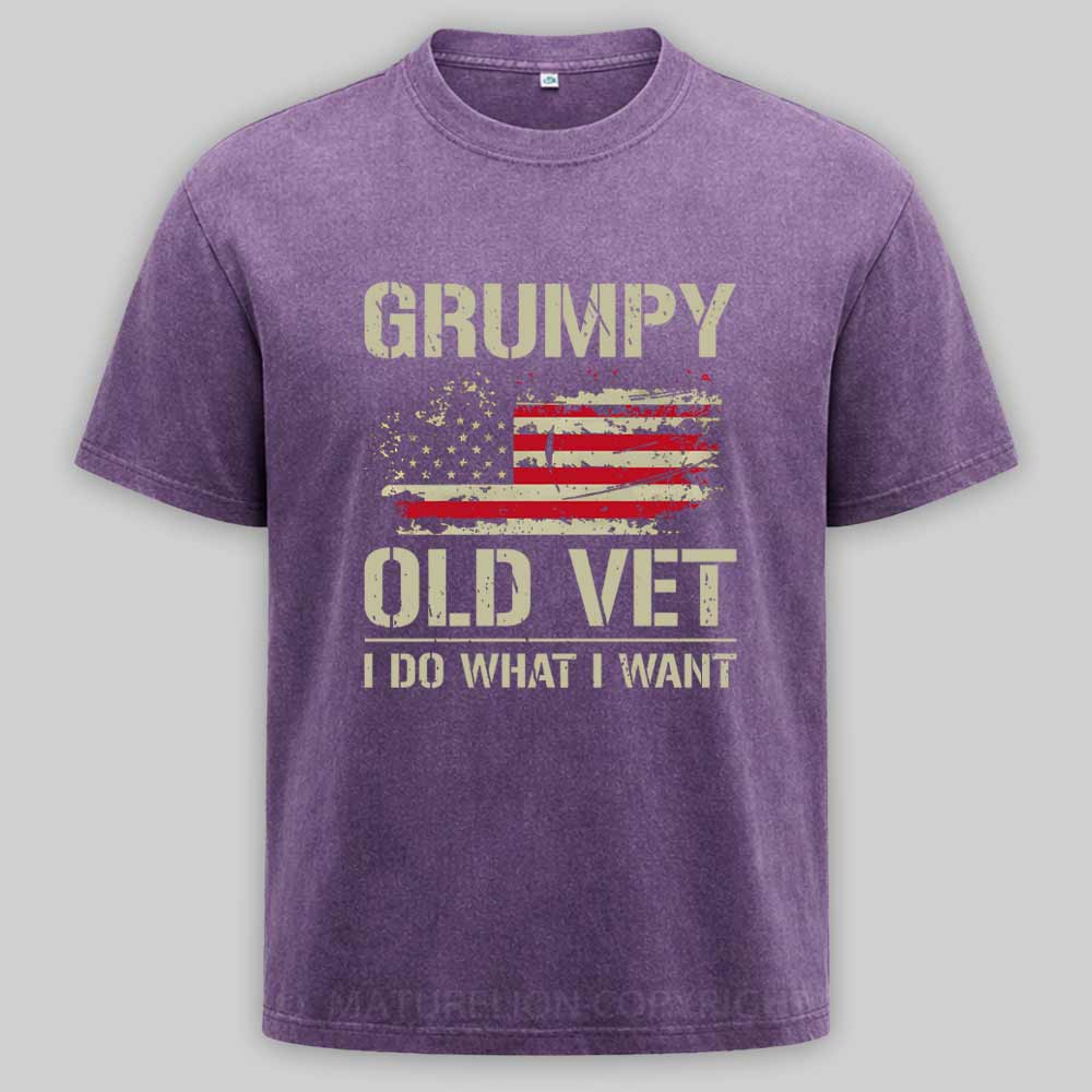 Maturelion Grumpy Old Vet I Do What I Want Retro Patriotic Washed T-shirt