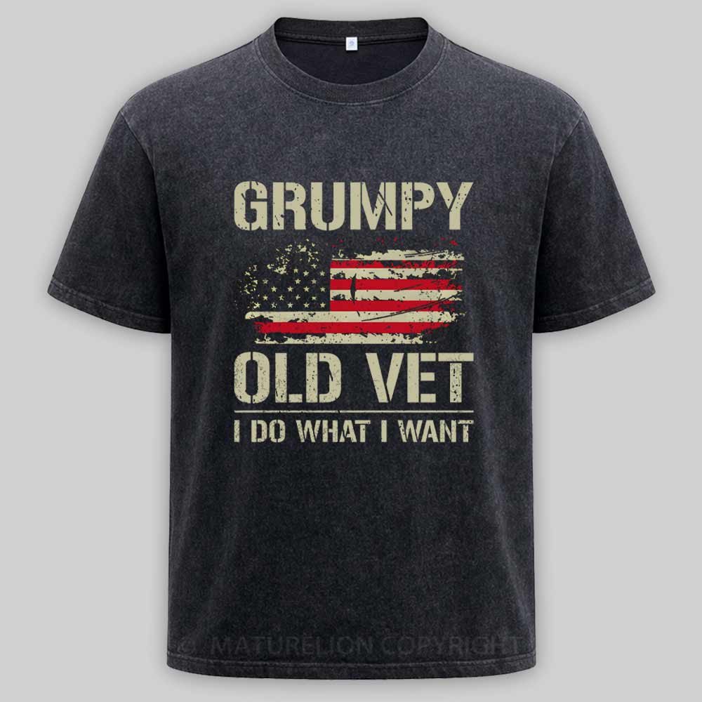 Maturelion Grumpy Old Vet I Do What I Want Retro Patriotic Washed T-shirt