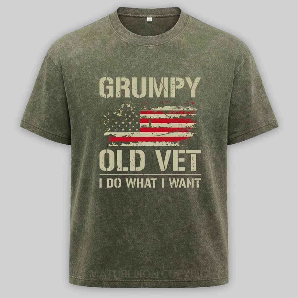 Maturelion Grumpy Old Vet I Do What I Want Retro Patriotic Washed T-shirt