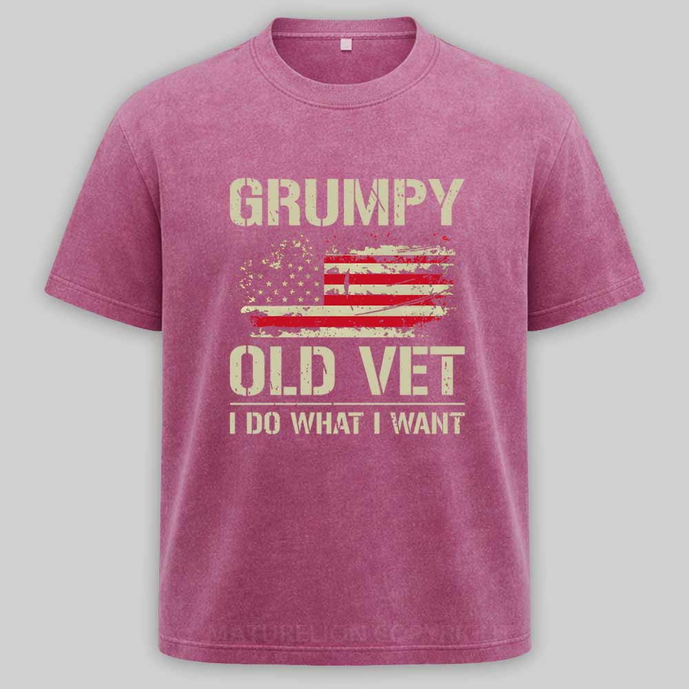 Maturelion Grumpy Old Vet I Do What I Want Retro Patriotic Washed T-shirt
