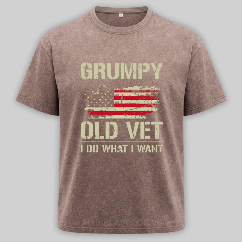 Maturelion Grumpy Old Vet I Do What I Want Retro Patriotic Washed T-shirt