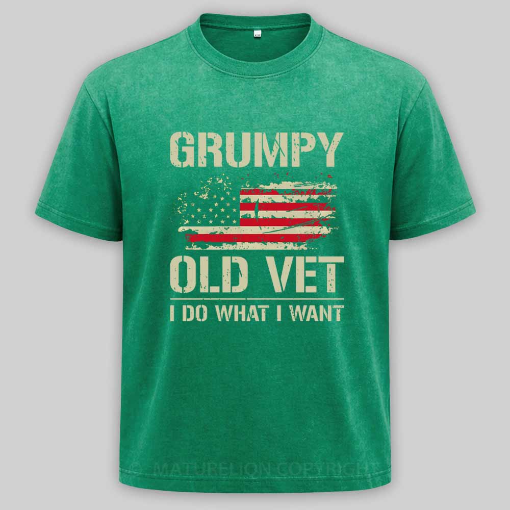 Maturelion Grumpy Old Vet I Do What I Want Retro Patriotic Washed T-shirt