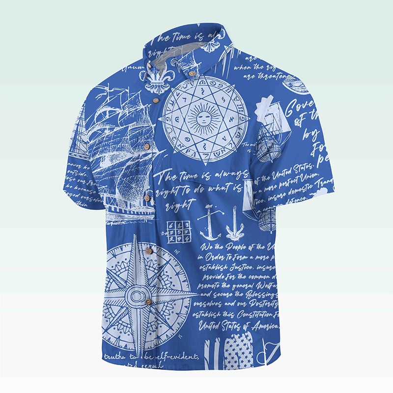 Maturelion Men's Button Pocket Shirt Helloice Steampunk Gold Compass Print Short Sleeve Hawaiian Shirt