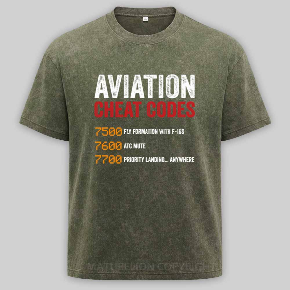 Maturelion Aviation Cheat Codes Pilot Funny Aviation Lover Washed T-shirt