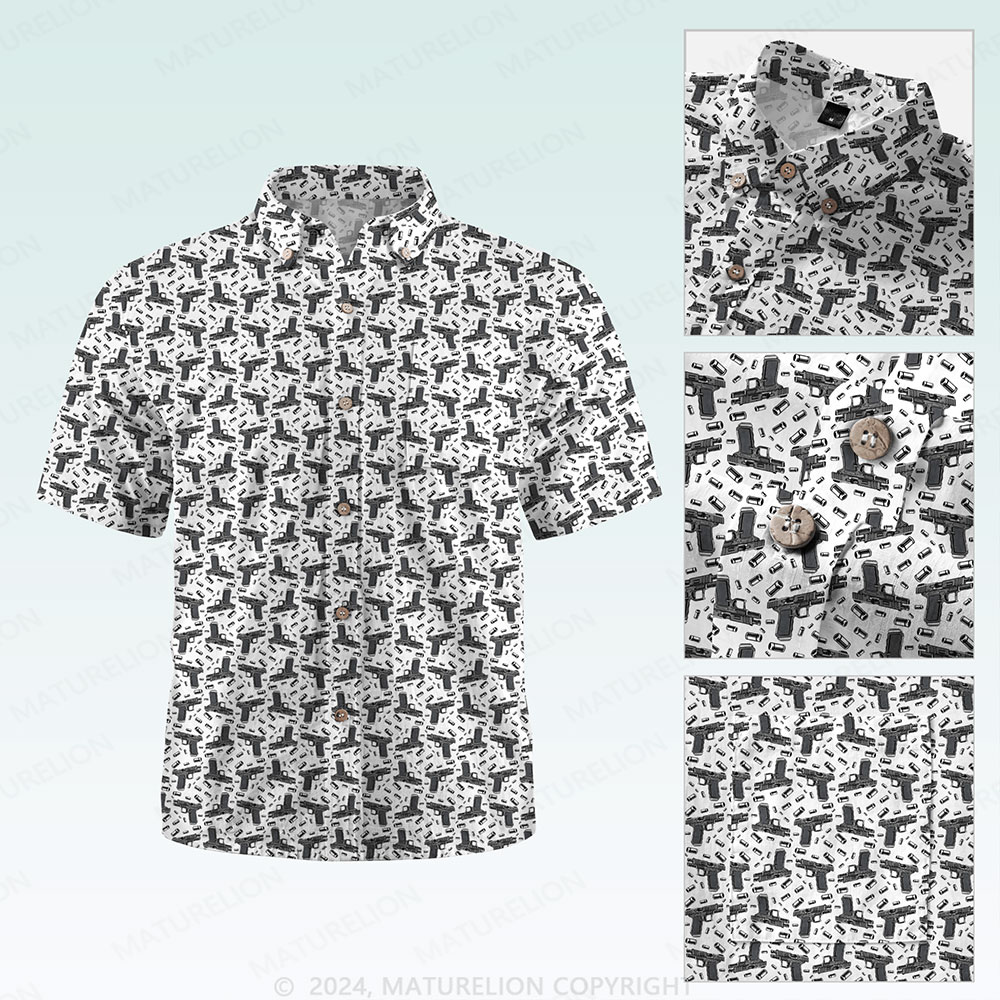 Maturelion Men's Button Pocket Shirt Gun Graphic Hawaiian Shirt