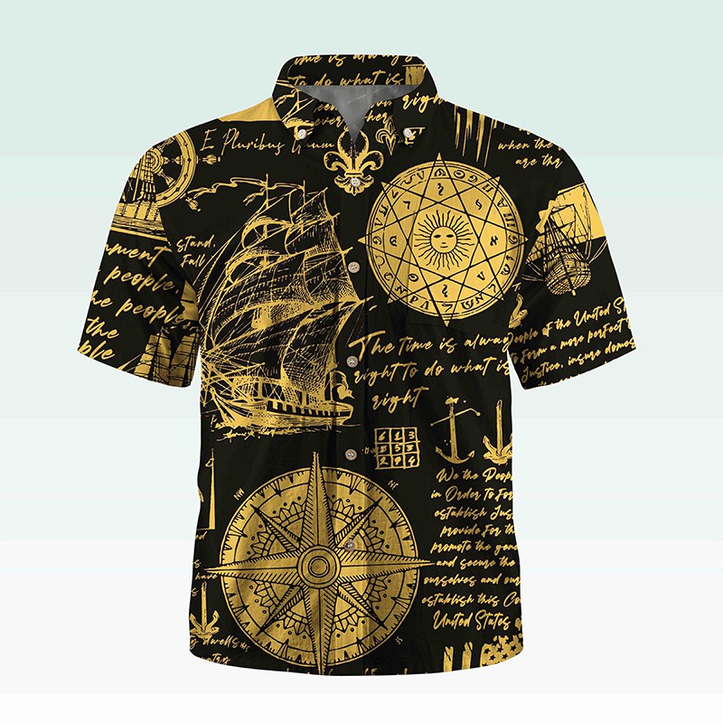Maturelion Men's Button Pocket Shirt Helloice Steampunk Gold Compass Print Short Sleeve Hawaiian Shirt