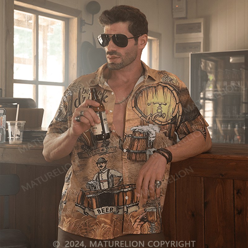 Maturelion Oktoberfest Beer Print Men's Chest Pocket Stretch Shirt Big Tall