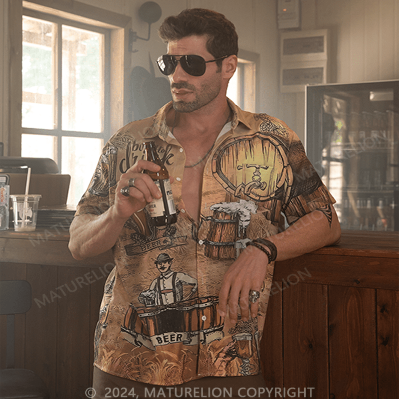 Maturelion Oktoberfest Beer Print Men's Chest Pocket Stretch Shirt Big Tall