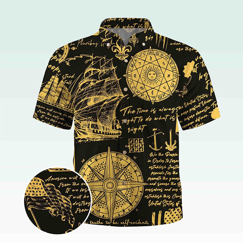Maturelion Men's Button Pocket Shirt Helloice Steampunk Gold Compass Print Short Sleeve Hawaiian Shirt