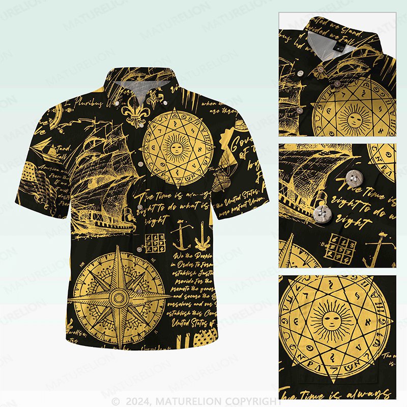 Maturelion Men's Button Pocket Shirt Helloice Steampunk Gold Compass Print Short Sleeve Hawaiian Shirt