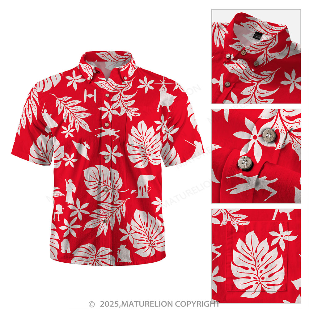 Maturelion Men's Hawaiian Shirt Red White Tropical Silhouette Hawaiian Shirt