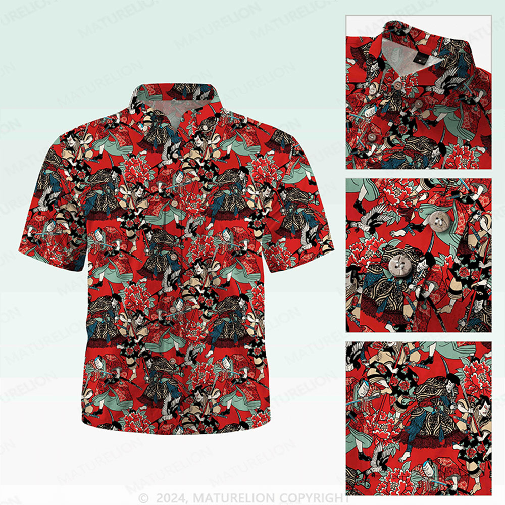 Maturelion Men's Button Pocket Shirt Koi Fish and Waves Cotton Hawaiian Shirt