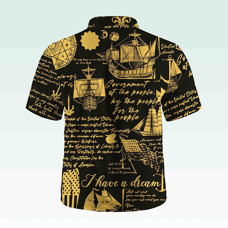 Maturelion Men's Button Pocket Shirt Helloice Steampunk Gold Compass Print Short Sleeve Hawaiian Shirt