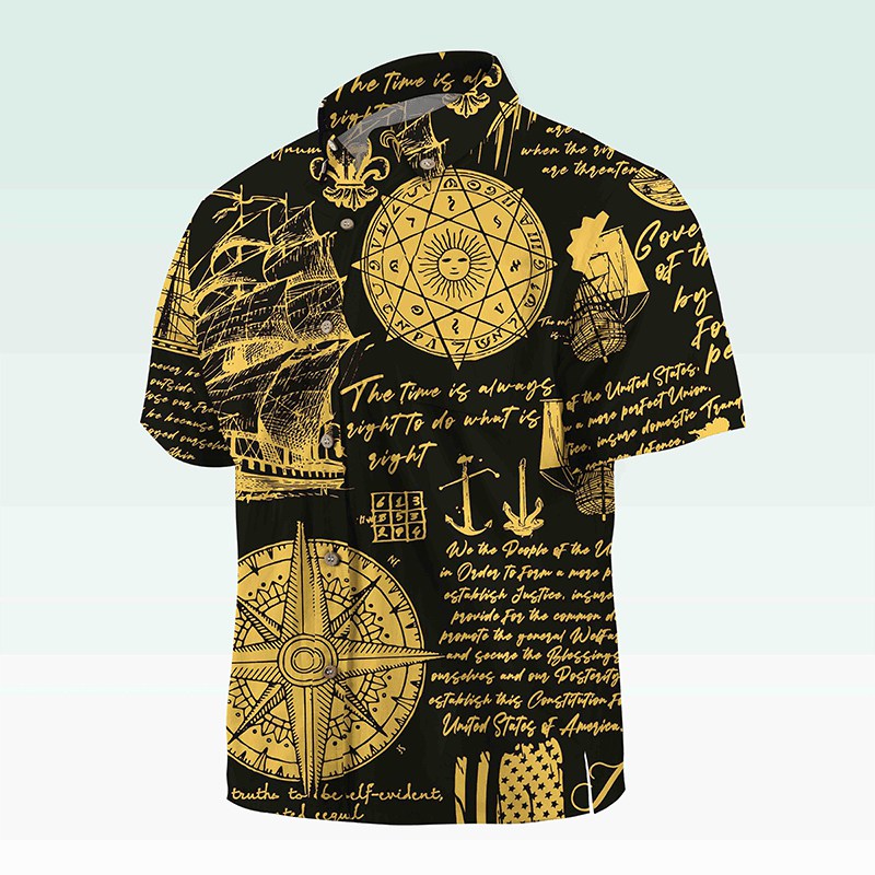 Maturelion Men's Button Pocket Shirt Helloice Steampunk Gold Compass Print Short Sleeve Hawaiian Shirt