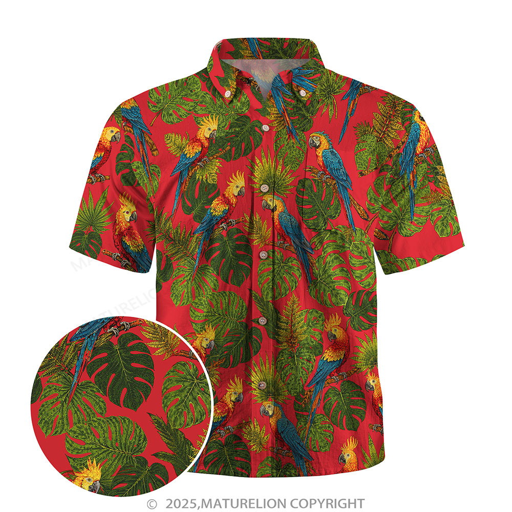Maturelion Men's Hawaiian Shirt Red Parrot Jungle Print Hawaiian Shirt
