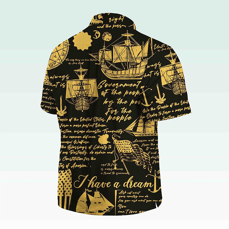 Maturelion Men's Button Pocket Shirt Helloice Steampunk Gold Compass Print Short Sleeve Hawaiian Shirt