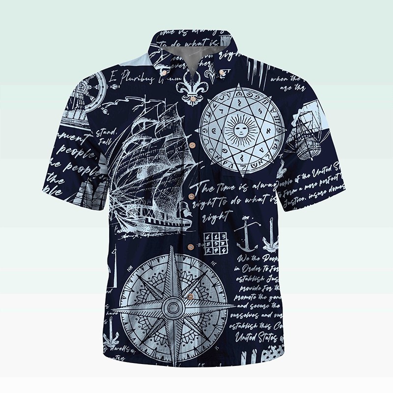 Maturelion Men's Button Pocket Shirt Helloice Steampunk Gold Compass Print Short Sleeve Hawaiian Shirt