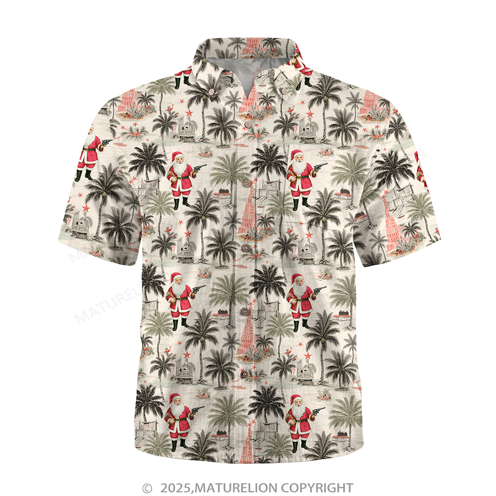 Maturelion Christmas Hawaiian Shirt White Tropical Santa with Palm Tree Hawaiian Shirt