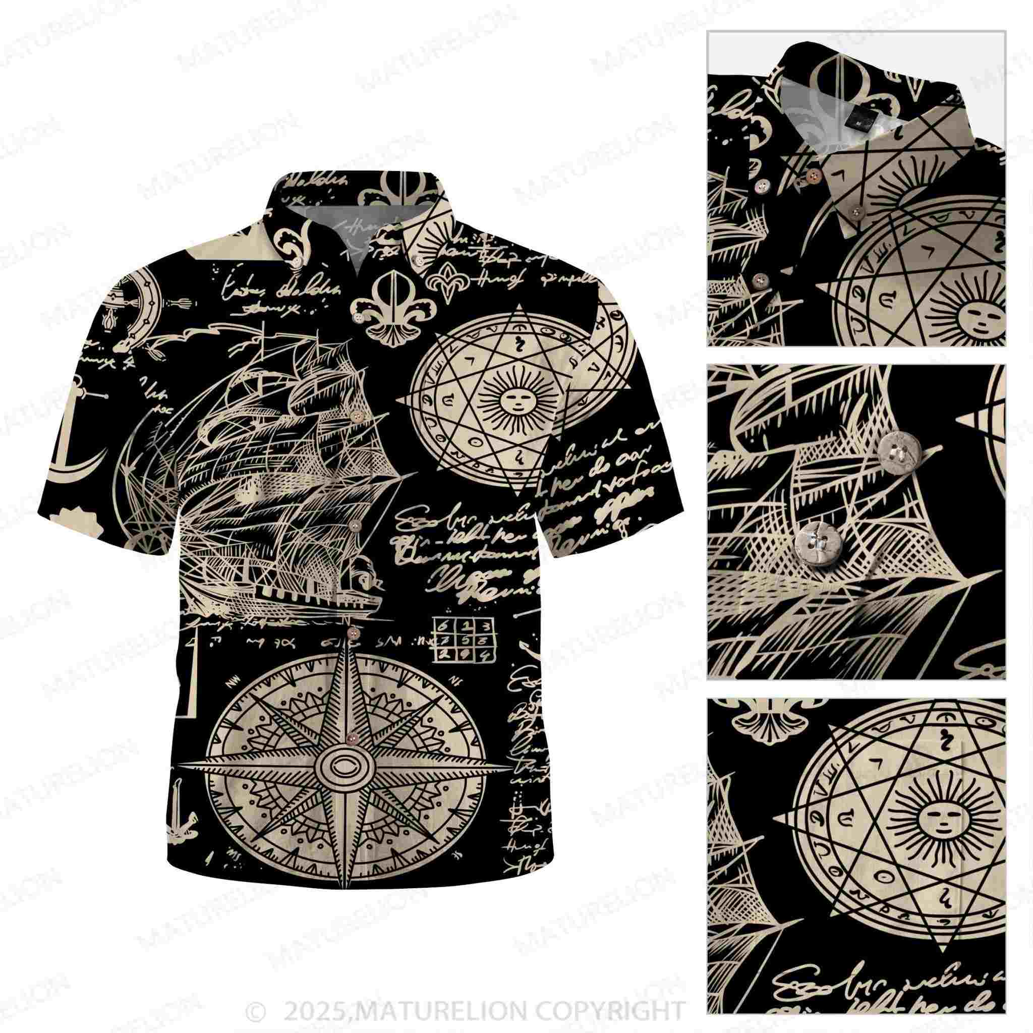 Maturelion Sailboat Compass ocean 3d Print Retro Men's Hawaiian Shirt