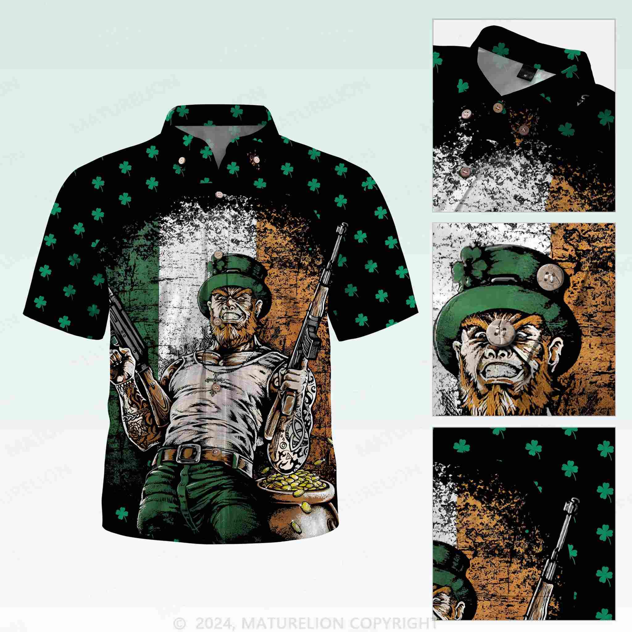 Maturelion St. Patrick's Button Pocket ShirtVintage Clover Getaway Hawaiian Shirt