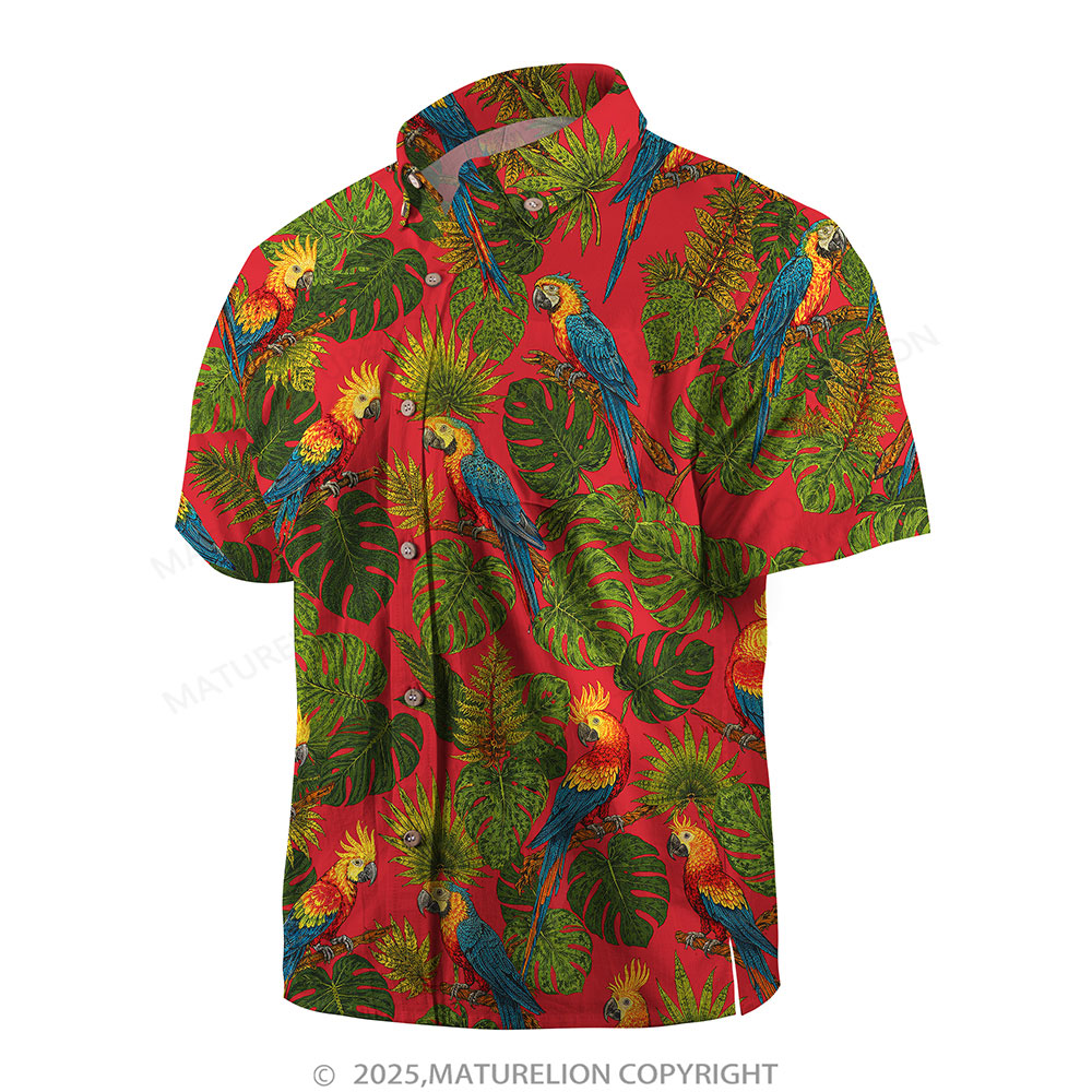 Maturelion Men's Hawaiian Shirt Red Parrot Jungle Print Hawaiian Shirt