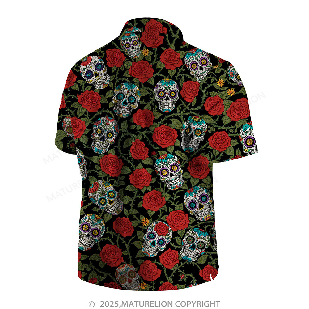 Maturelion Men's Hawaiian Shirt Black Rose Sugar Skull Day of the Dead Hawaiian Shirt