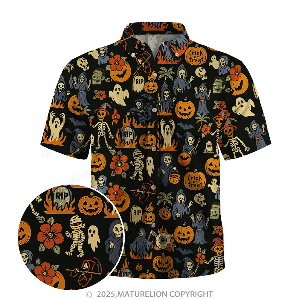 Maturelion Halloween Hawaiian Shirt Ghost & Pumpkin Print Hawaiian Shirt