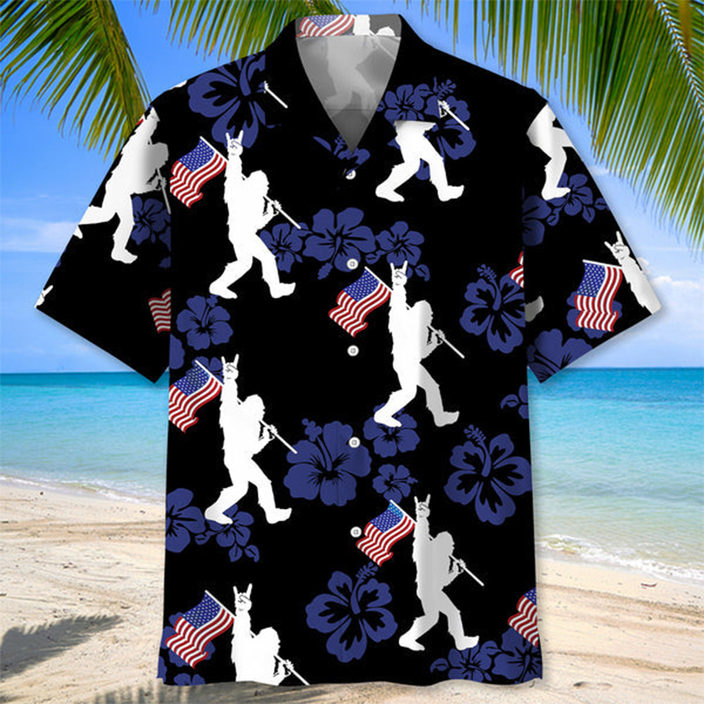 Maturelion Men's Hawaiian Shirt Patriotic Bigfoot Usa Flag Hawaiian Shirt