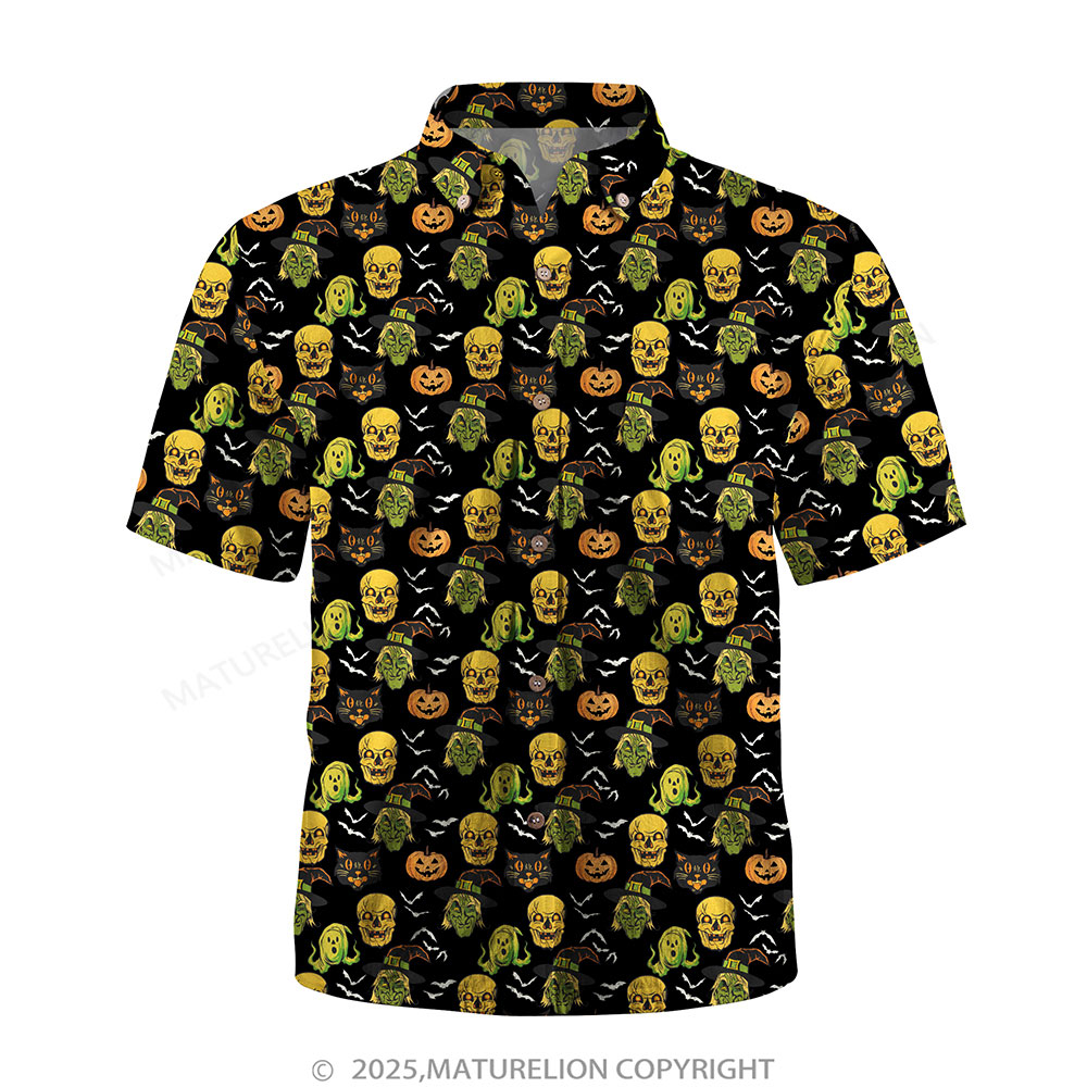 Maturelion Men's Hawaiian Shirt Pumpkin Skull and Witch Print Hawaiian Shirt
