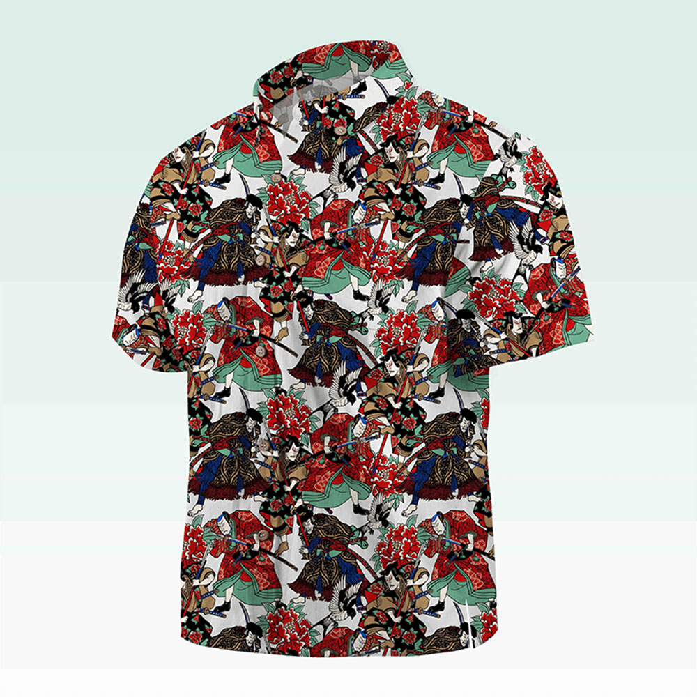 Maturelion Men's Button Pocket Shirt Koi Fish and Waves Cotton Hawaiian Shirt
