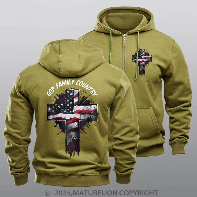 Maturelion Men's Hoodie God Family Country Fleece Zipper Hoodie