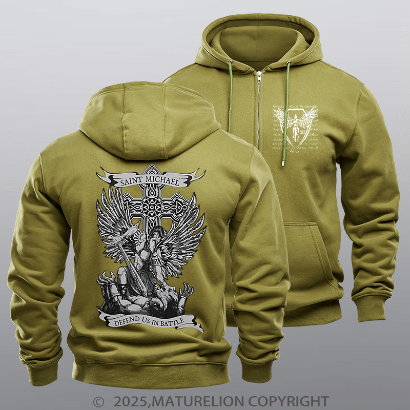 Maturelion Men's Hoodie Saint Michael Defend Us Fleece Zipper Hoodie