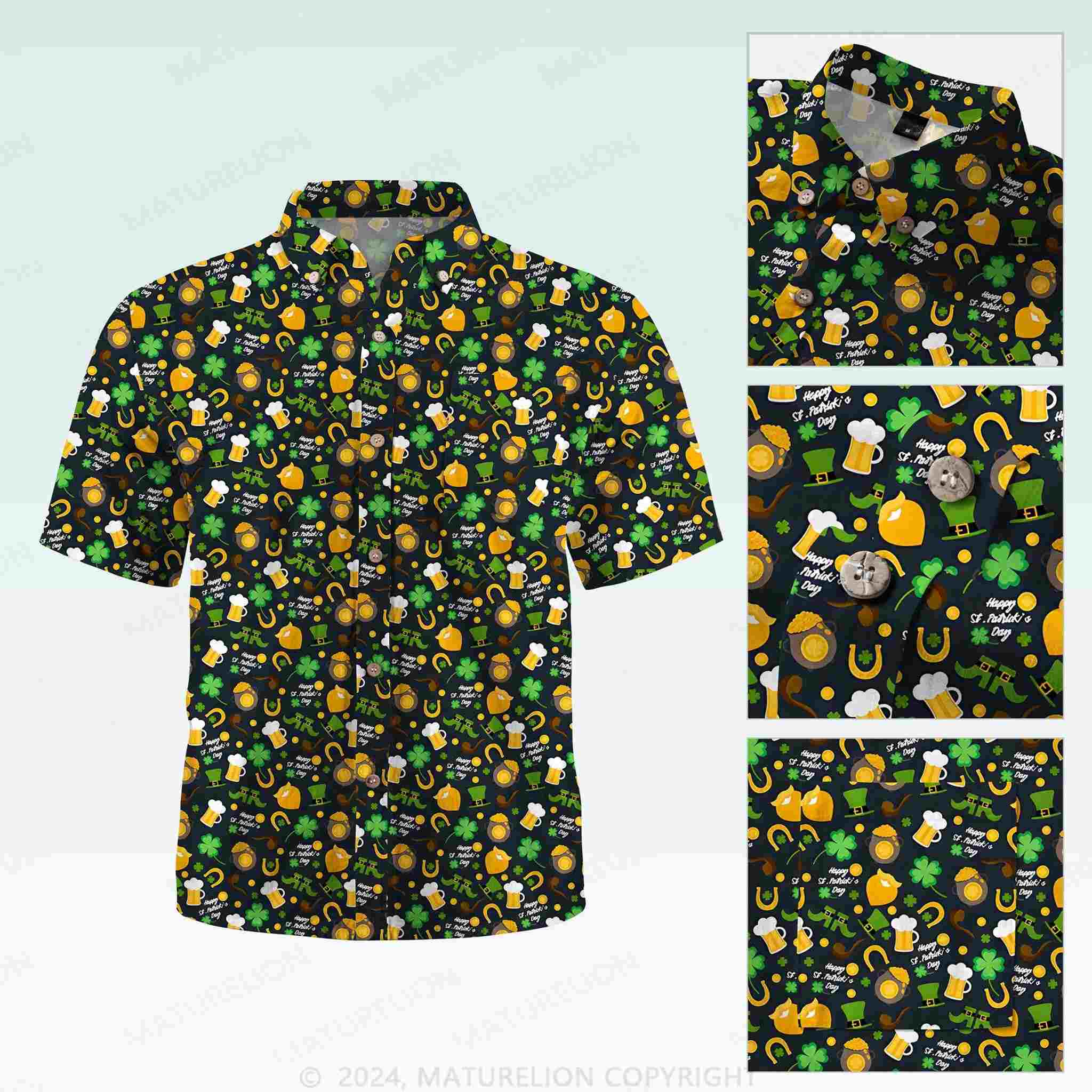 Maturelion St. Patrick's Button Pocket Shirt1950s Irish Breeze Hawaiian Shirt